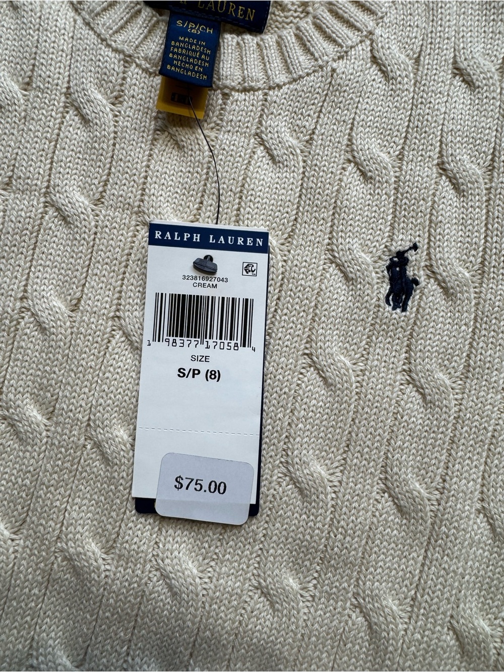 Polo by Ralph Lauren Cream Cable Knit Crewneck Sweater with Navy Pony - Picture 3 of 10